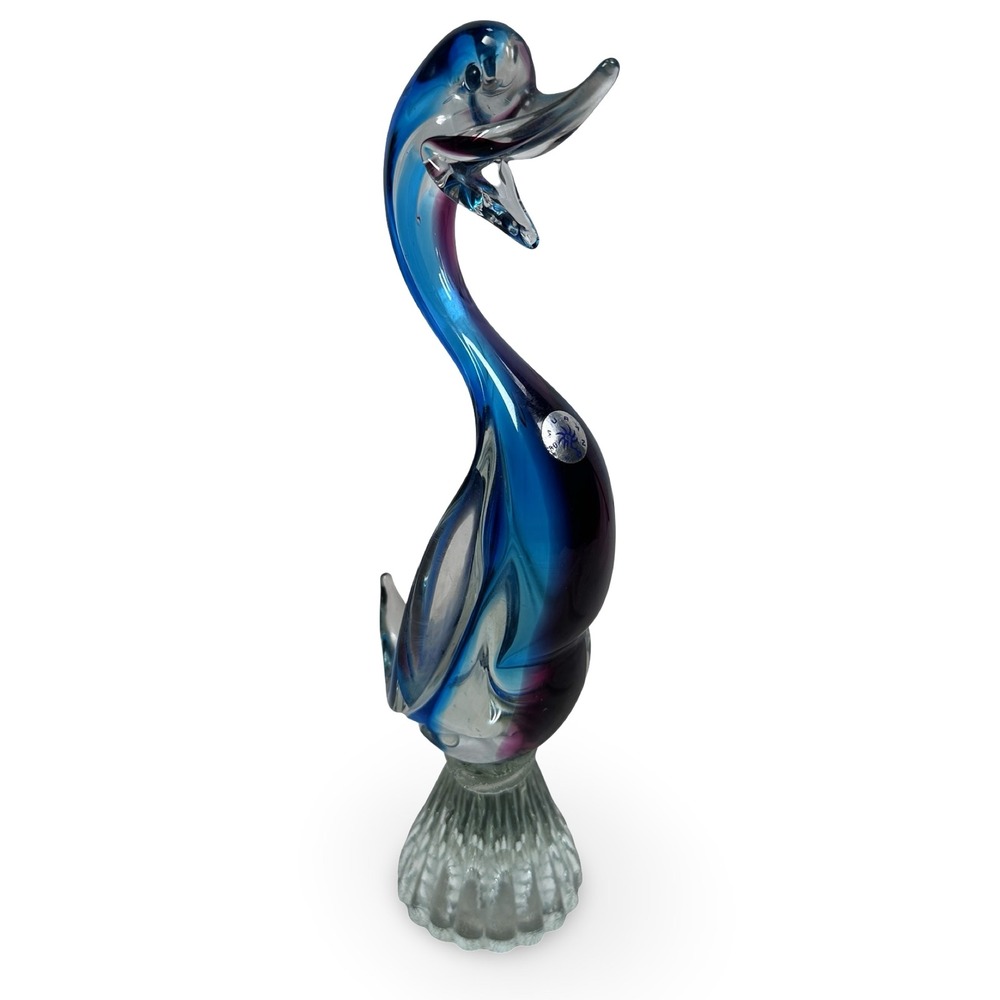 Vintage Murano Art Glass Duck Figurine Sommerso Blue Purple 1960s Hand Blown 12"